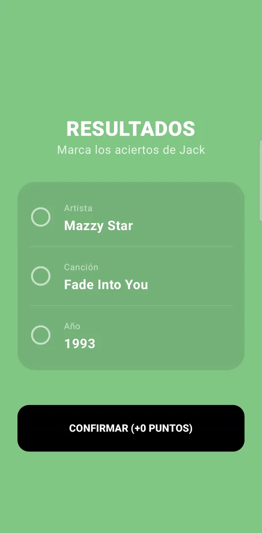 BlindNote: results screen for marking the artist, song and year you got right.