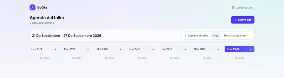 Agenda semanal de GoCita mostrando los días de la semana y el contador de citas.