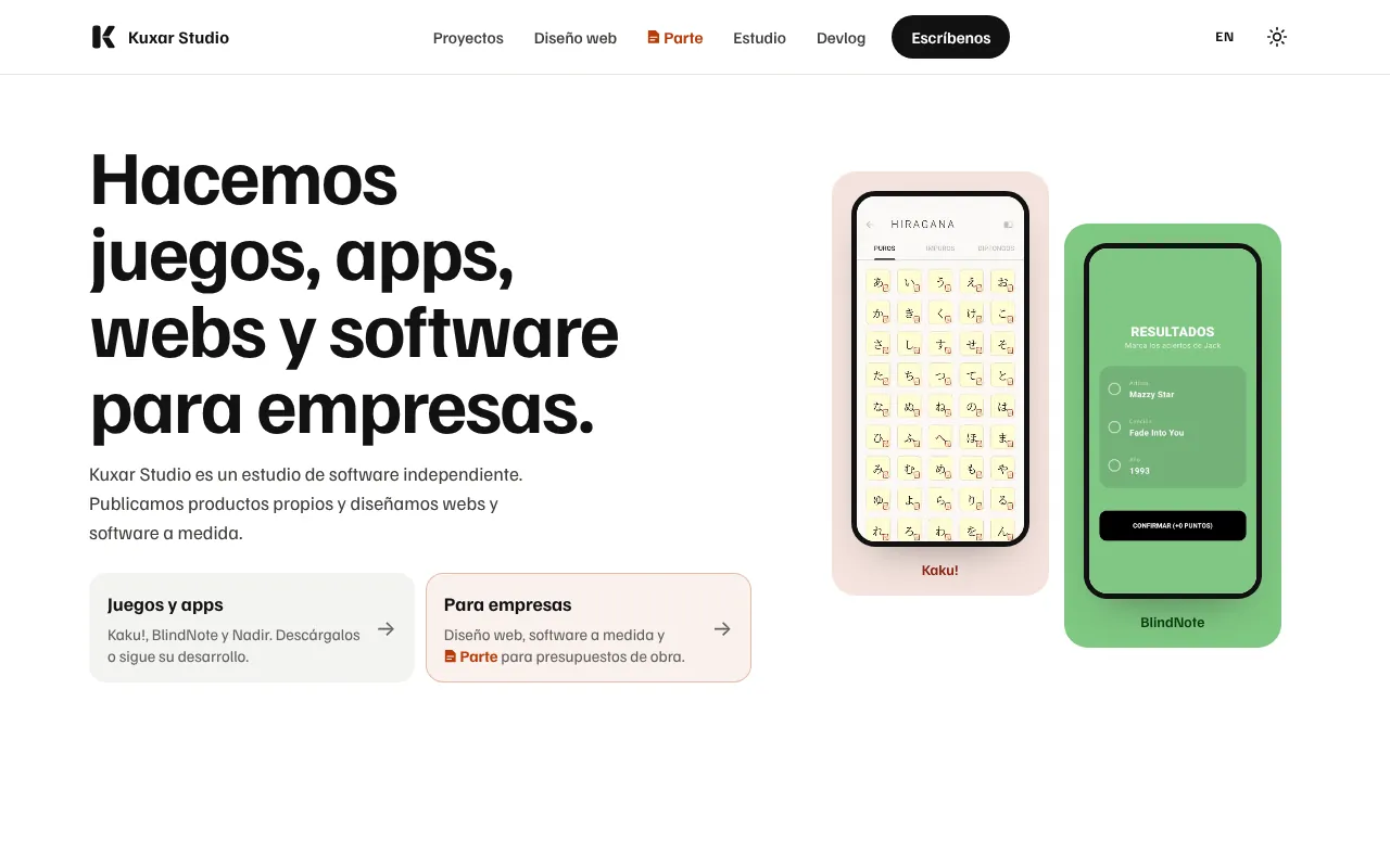 Página de inicio de kuxarstudio.com en un navegador de escritorio.