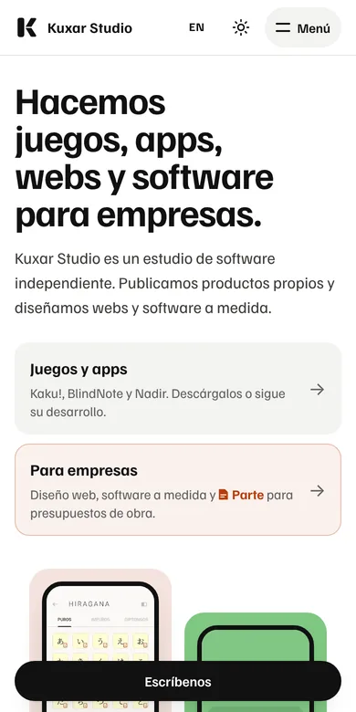 La misma página de inicio de kuxarstudio.com en un teléfono.